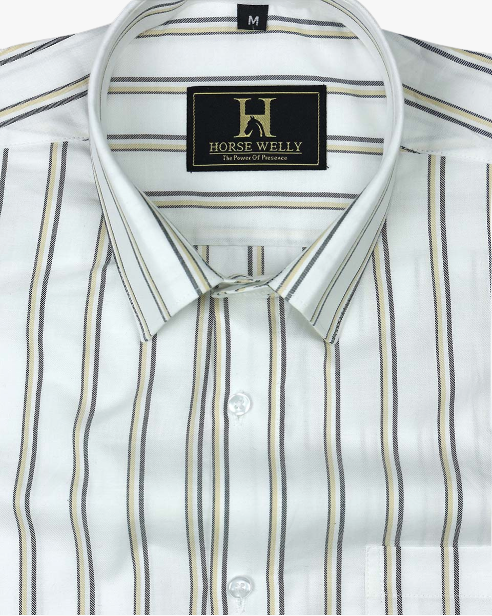 Bright White With Golden Gray Stripes Premium Cotton Shirt