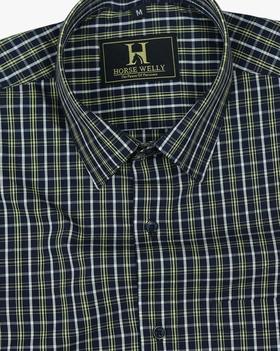 Classic Blue With Lime Checked Premium Cotton Shirt