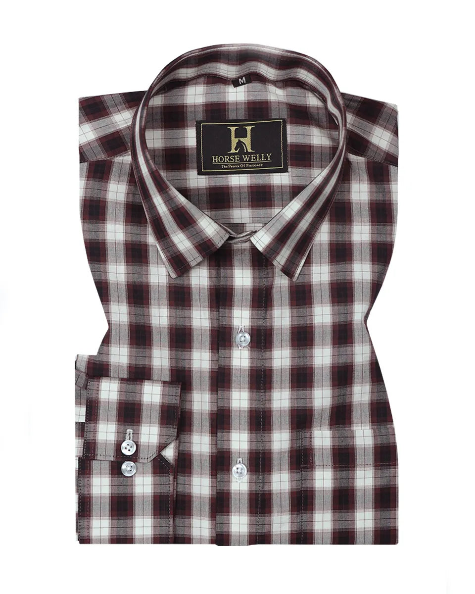 Coffee White Checked Pure Cotton Casual Shirt