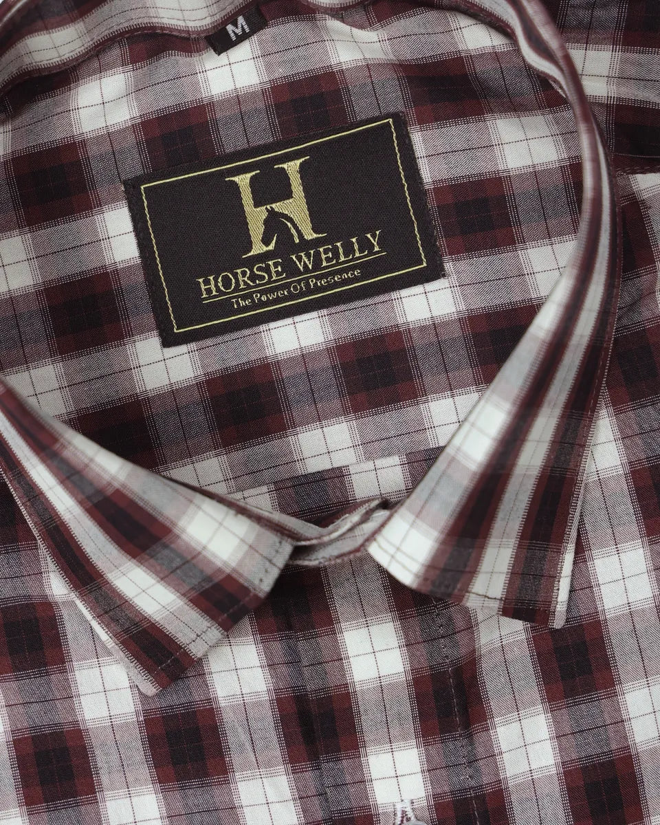 Coffee White Checked Pure Cotton Casual Shirt