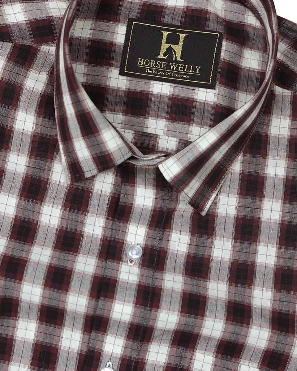 Coffee White Checked Pure Cotton Casual Shirt