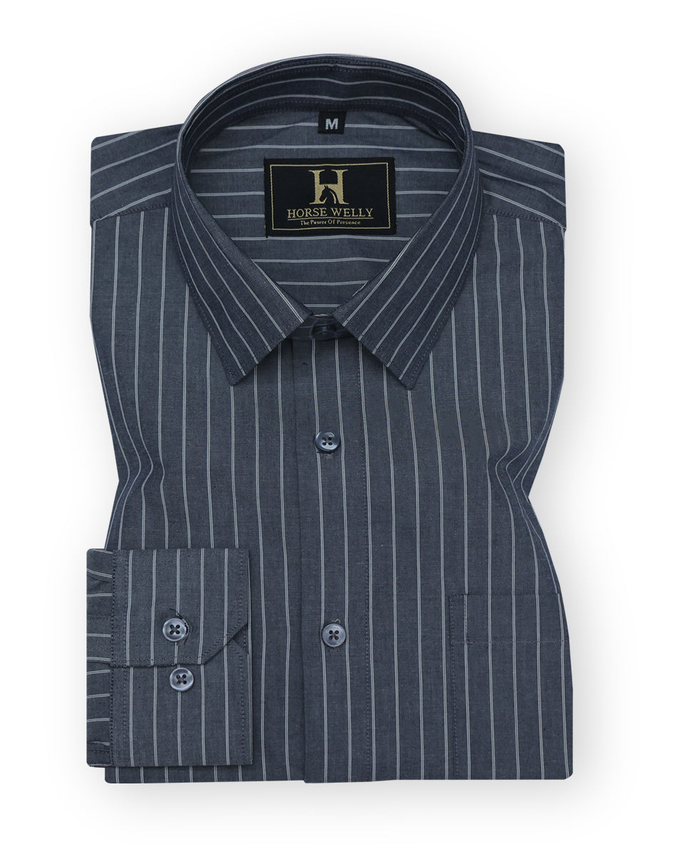 Dark Gray Formal/Casual Stripes Premium Cotton Shirt For Men