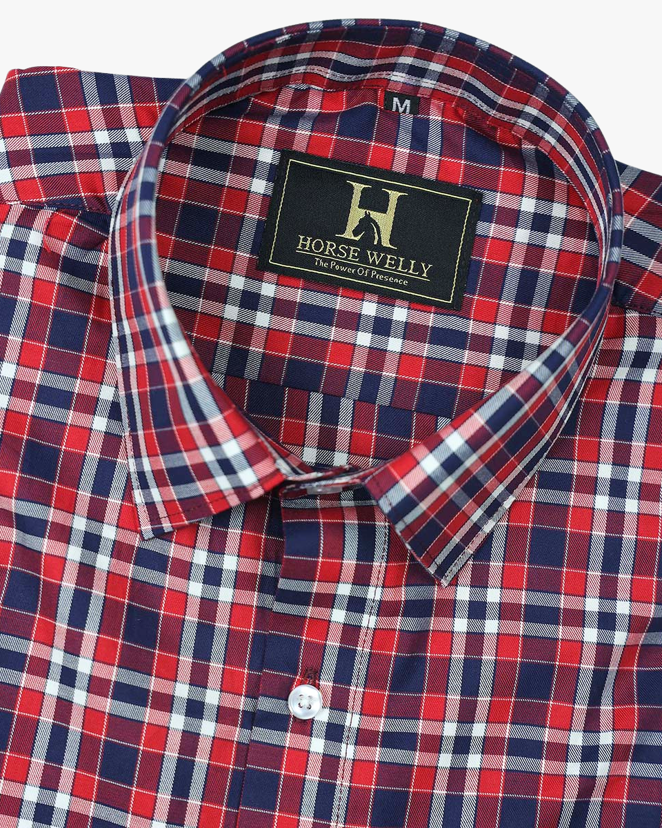 Red Berry With Blue Checked Premium Cotton Shirt For Men's