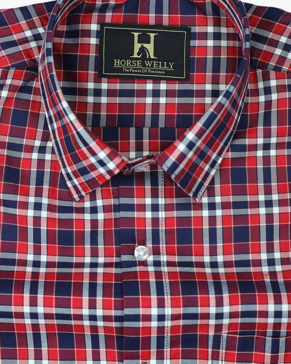 Red Berry With Blue Checked Premium Cotton Shirt For Men's