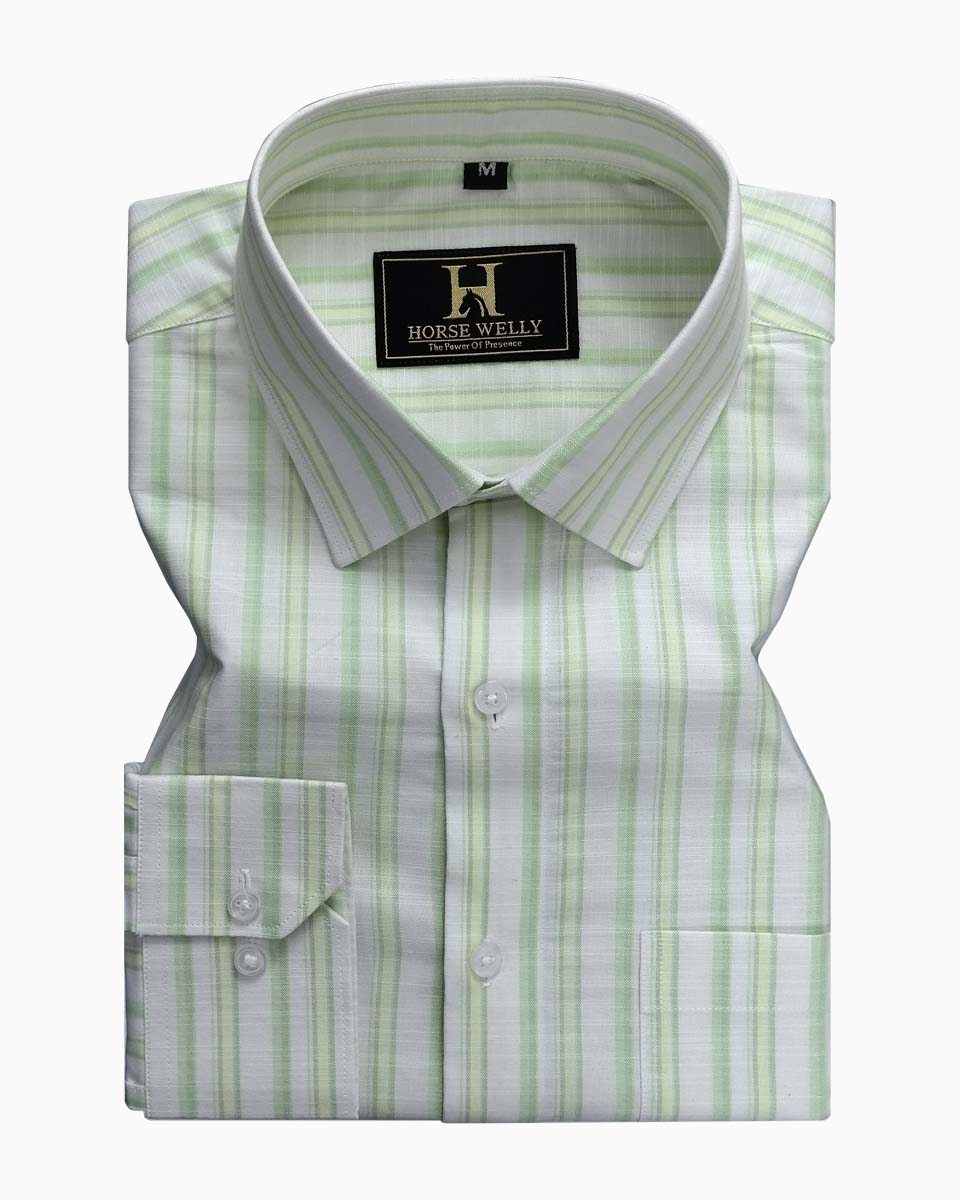 White & Sea Green Regular Fit Striped Formal Cotton Shirt