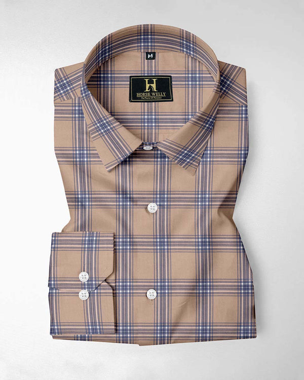 Beige And Blue Tartan Checks Pure Cotton Shirt