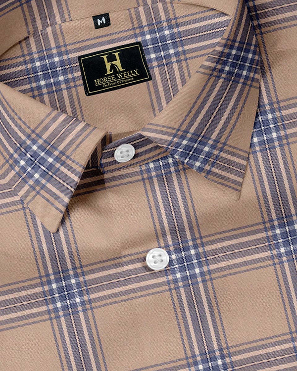 Beige And Blue Tartan Checks Pure Cotton Shirt