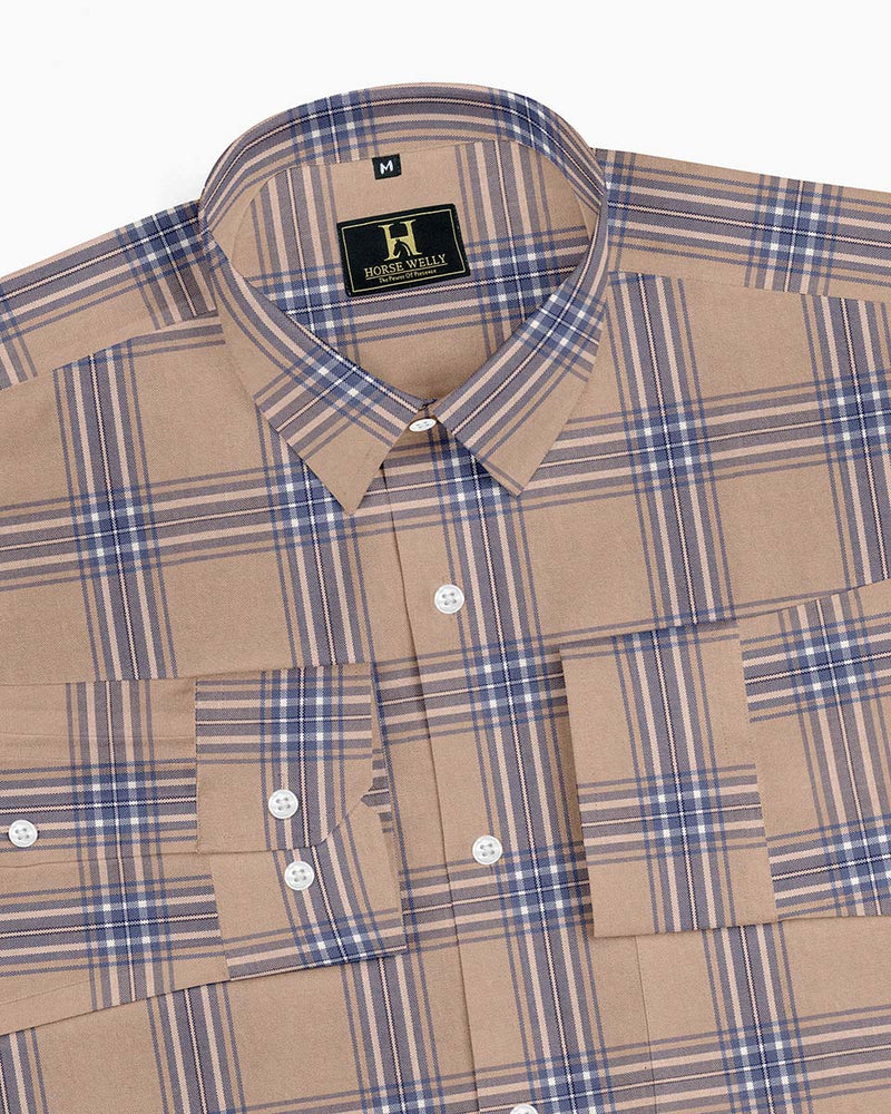 Beige And Blue Tartan Checks Pure Cotton Shirt