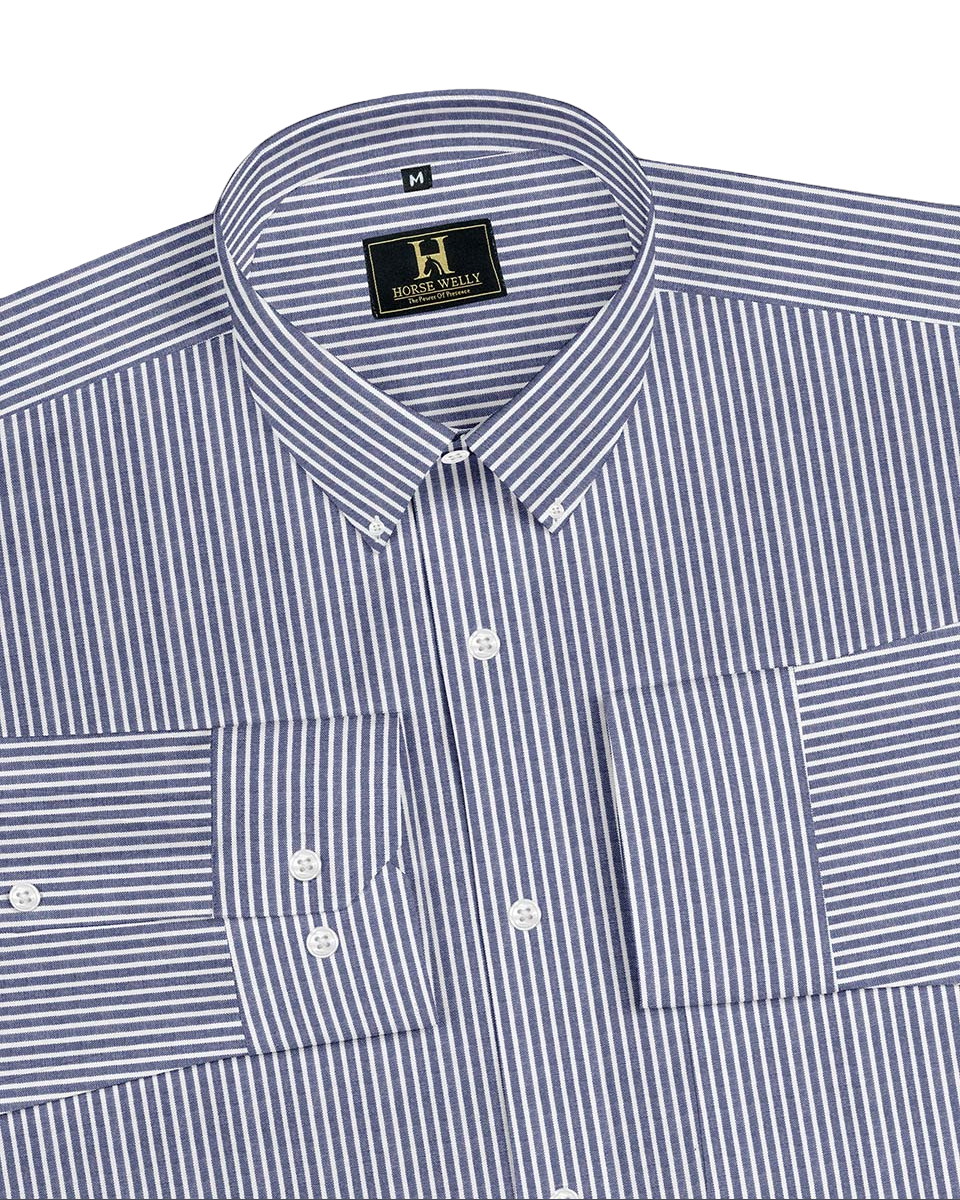 Blue Vertical Stripes Button Dawn Cotton Formal Shirt