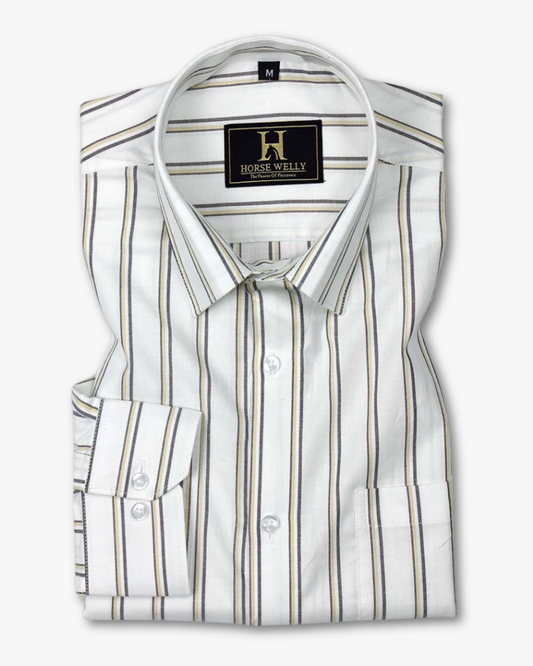 Bright White With Golden Gray Stripes Premium Cotton Shirt