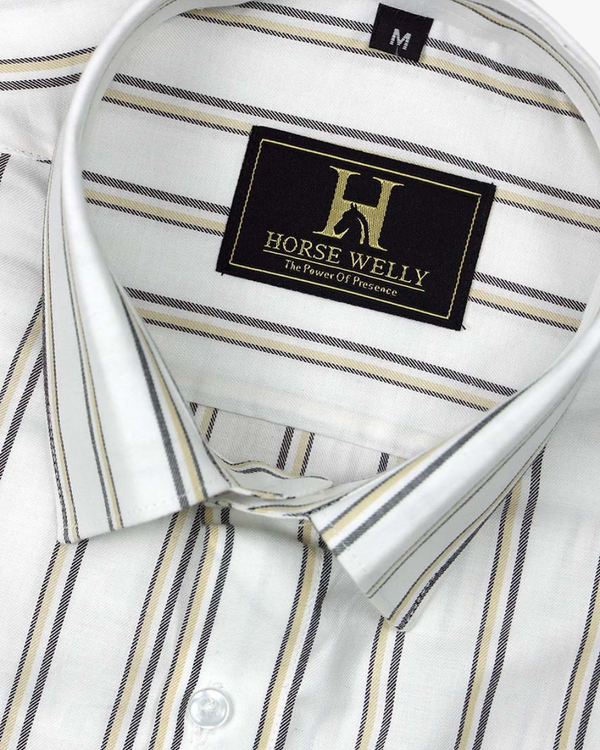 Bright White With Golden Gray Stripes Premium Cotton Shirt