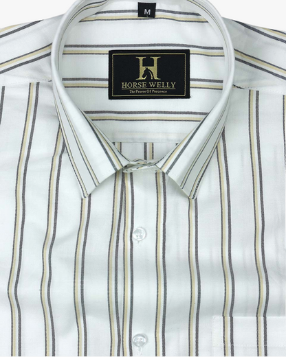 Bright White With Golden Gray Stripes Premium Cotton Shirt