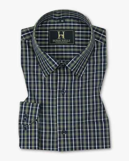 Classic Blue With Lime Checked Premium Cotton Shirt