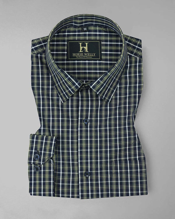 Classic Blue With Lime Checked Premium Cotton Shirt