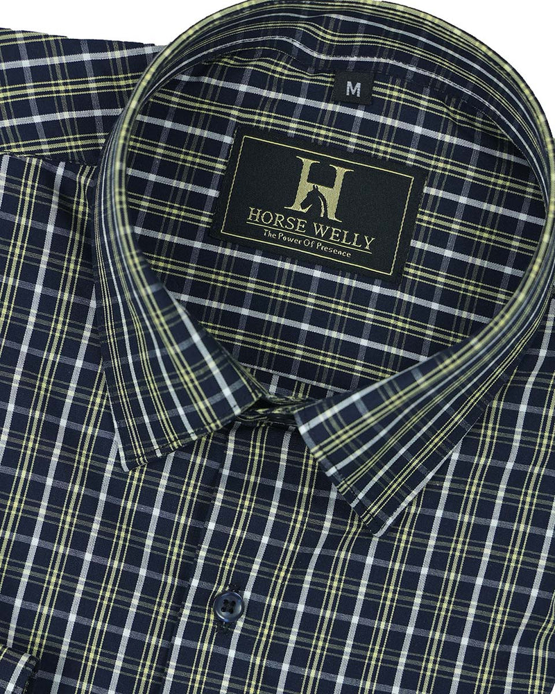 Classic Blue With Lime Checked Premium Cotton Shirt