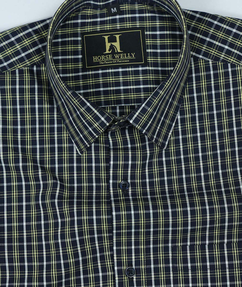 Classic Blue With Lime Checked Premium Cotton Shirt