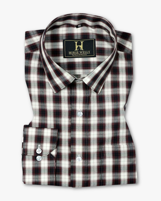 Coffee White Checked Pure Cotton Casual Shirt