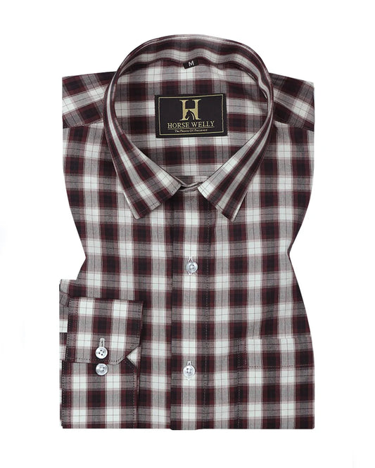 Coffee White Checked Pure Cotton Casual Shirt