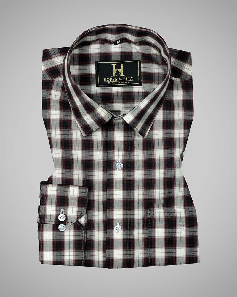 Coffee White Checked Pure Cotton Casual Shirt