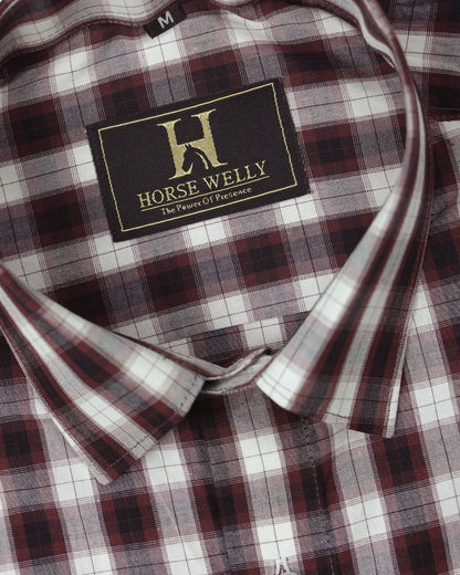 Coffee White Checked Pure Cotton Casual Shirt