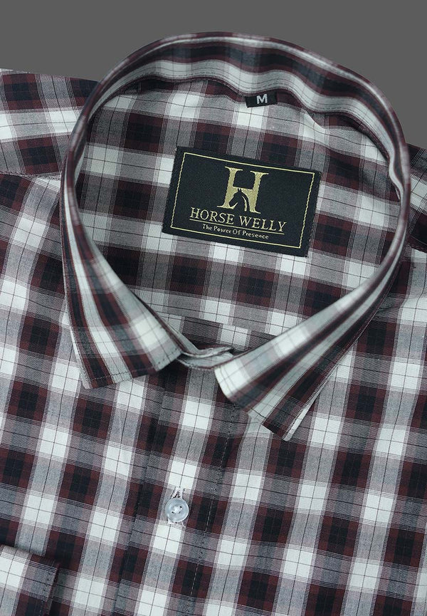 Coffee White Checked Pure Cotton Casual Shirt