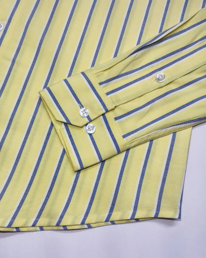 Premium Yellow Cotton Shirt with White & Blue Stripes