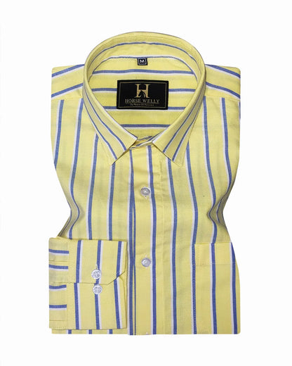 Premium Yellow Cotton Shirt with White & Blue Stripes