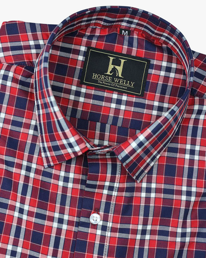 Red Berry With Blue Checked Premium Cotton Shirt For Men's