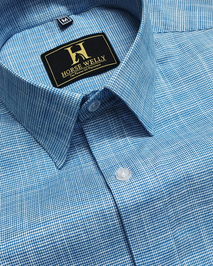 Sky Blue Houndstooth Check Formal Cotton Shirt