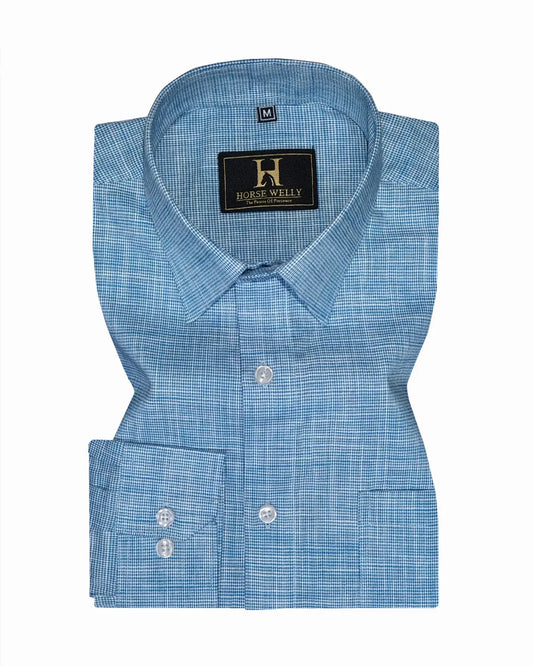 Sky Blue Houndstooth Check Formal Cotton Shirt