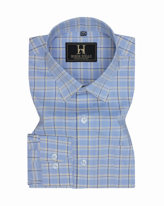 Velis Sky Blue With White Check Cotton Formal Shirt