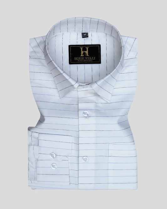 White Cotton Shirt with Blue & Black Line Stripes