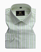 White & Sea Green Regular Fit Striped Formal Cotton Shirt