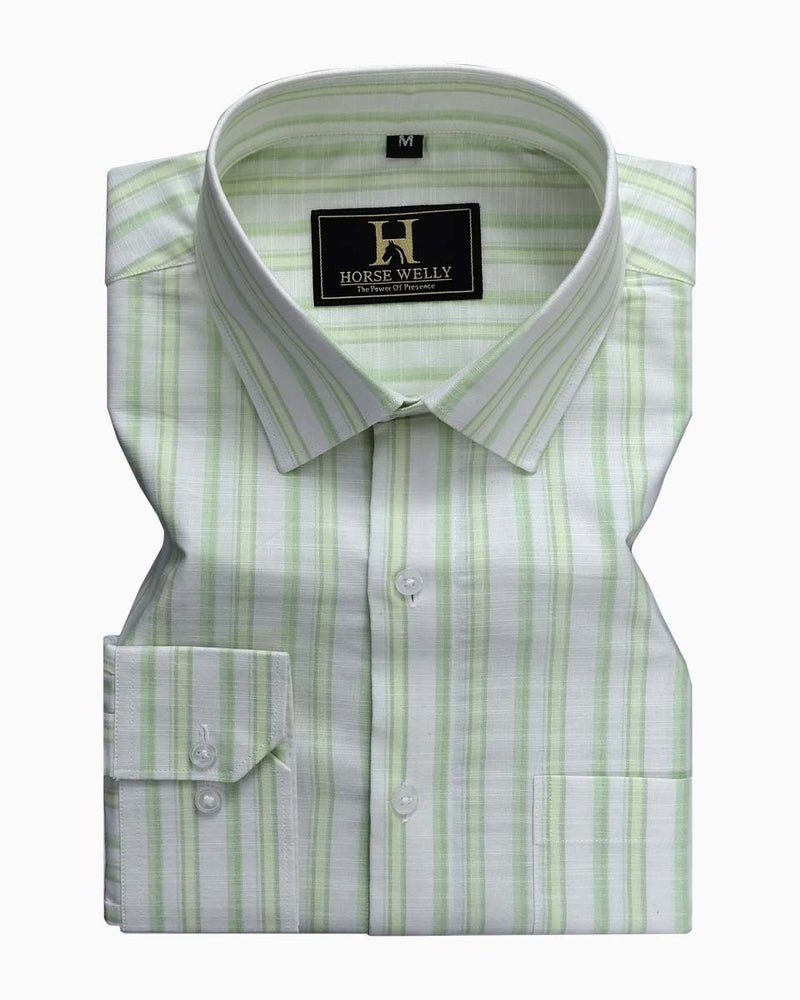 White & Sea Green Regular Fit Striped Formal Cotton Shirt
