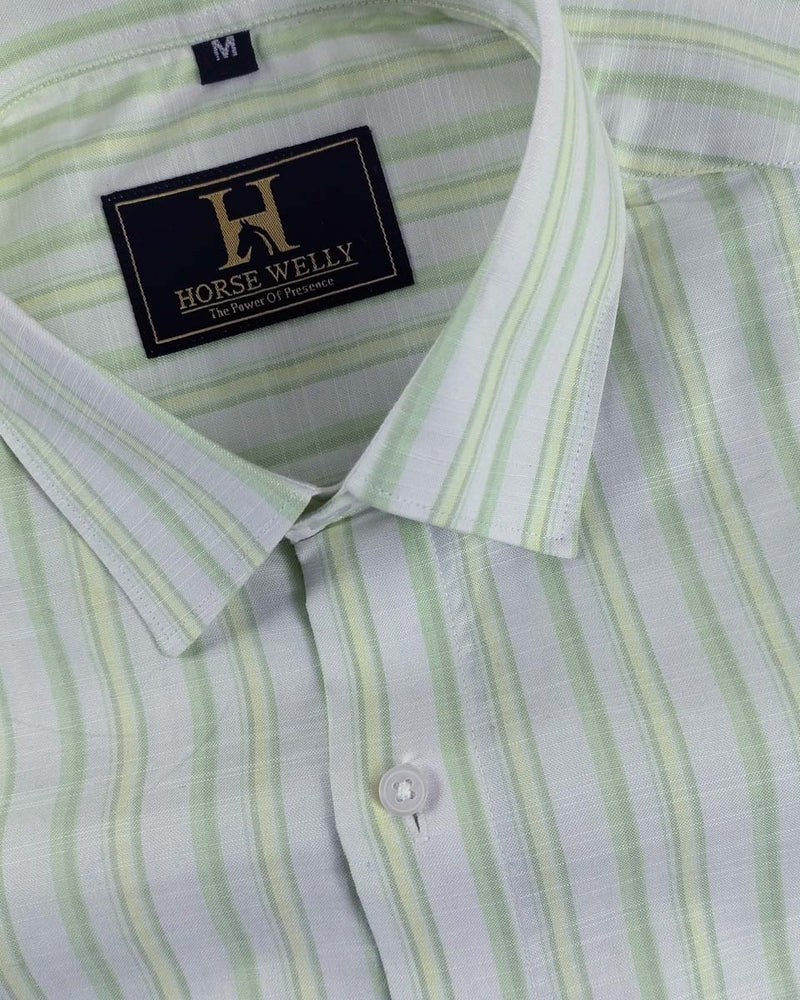 White & Sea Green Regular Fit Striped Formal Cotton Shirt